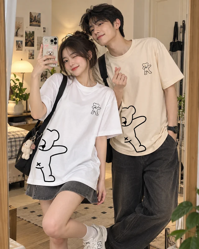 Áo Thun Cotton Oversize Gấu Line Art Cute Graphic Form Rộng Unisex | TTP FASHION